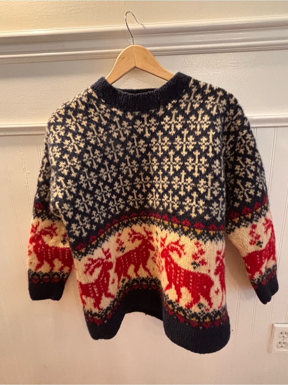 Eddie Bauer Navy, Cream & Red Nordic Reindeer Crewneck Sweater